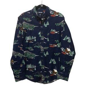 Lands' End Men's Navy Blue Winter Scene 100% Cotton Flannel Button Down Small